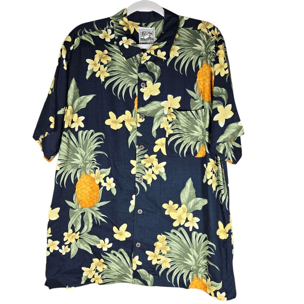 Steve & Barry's Hawaiian Shirt Mens Large Black Yellow Pineapple Coconut Buttons